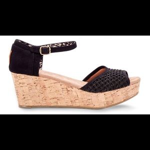 TOMS Black Crochet Cork Platform Wedges